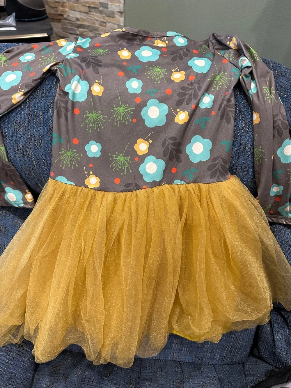 Girls' Floral Gray Dress with Gold Tulle Skirt and Teal Bow